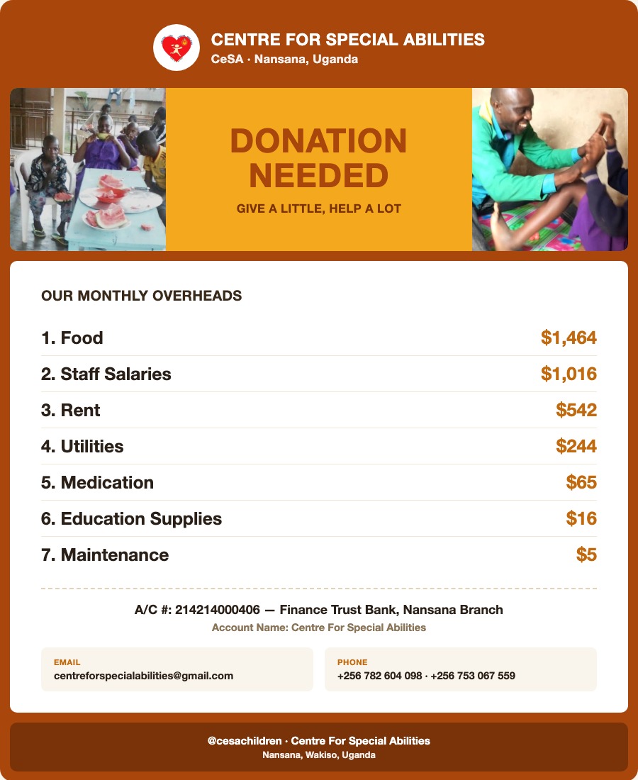 CeSA donation flyer with monthly overheads and bank details